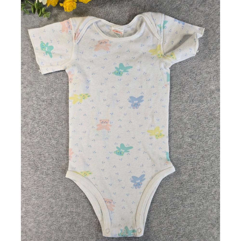 Health-tex Bodysuit Baby 24m White Vintage 90s Teddy Bear Cute Pastel Ribbed